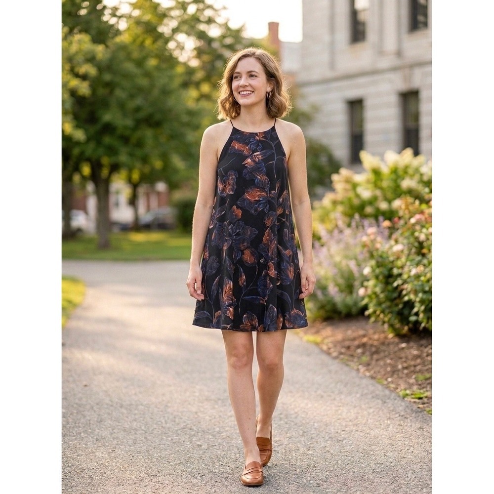Everly Floral Halter Mini Dress Black Blue Copper Trapeze DR7483N Large